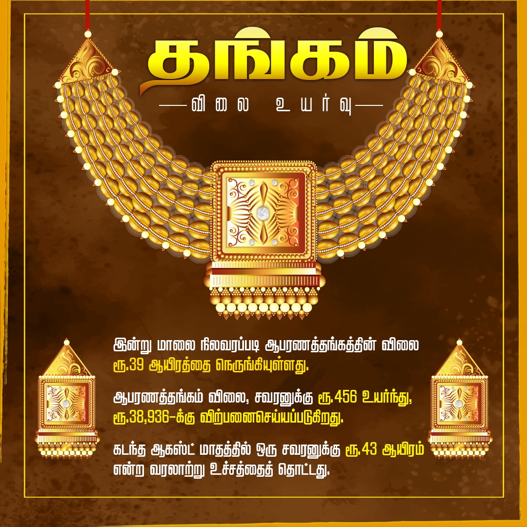ஆபரணத் தங்கத்தின் விலை சவரனுக்கு ரூ.456 உயர்ந்து, ரூ.39 ஆயிரத்தை நெருங்கியுள்ளது.